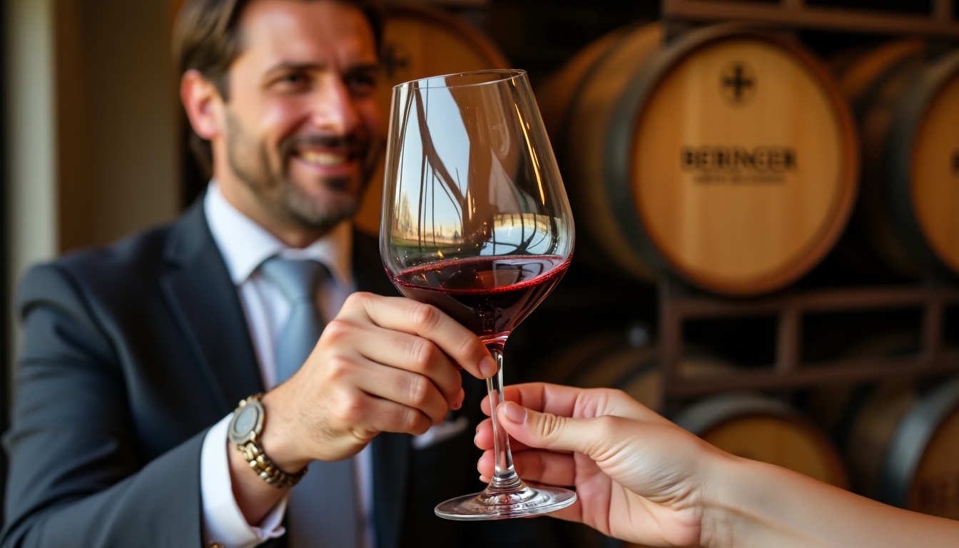 Close-up of a wine glass being filled during a tasting session at Beringer.