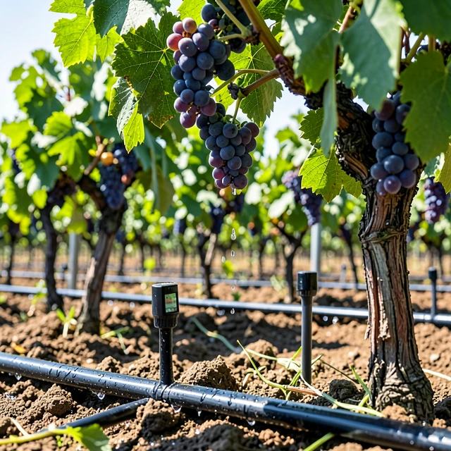 Drip irrigation and soil sensors demonstrating smart water use in winemaking