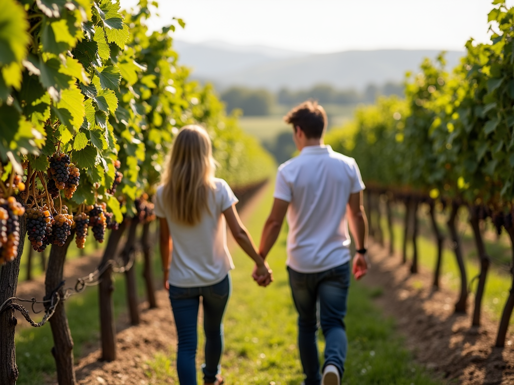 Couple walking through a vineyard admiring grapes