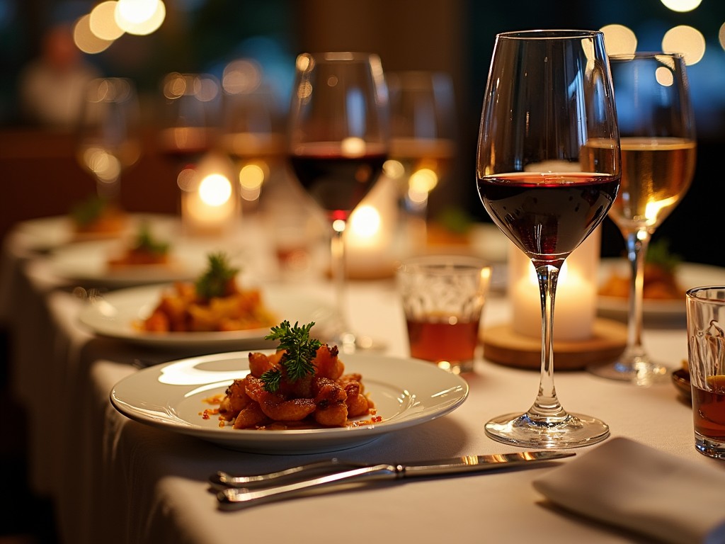 A well-set dining table with glasses of red, white, and rosé wine alongside gourmet dishes.