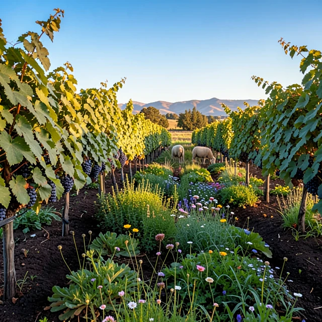 Organic Napa Valley vineyard with cover crops and sheep showing sustainable farming practices