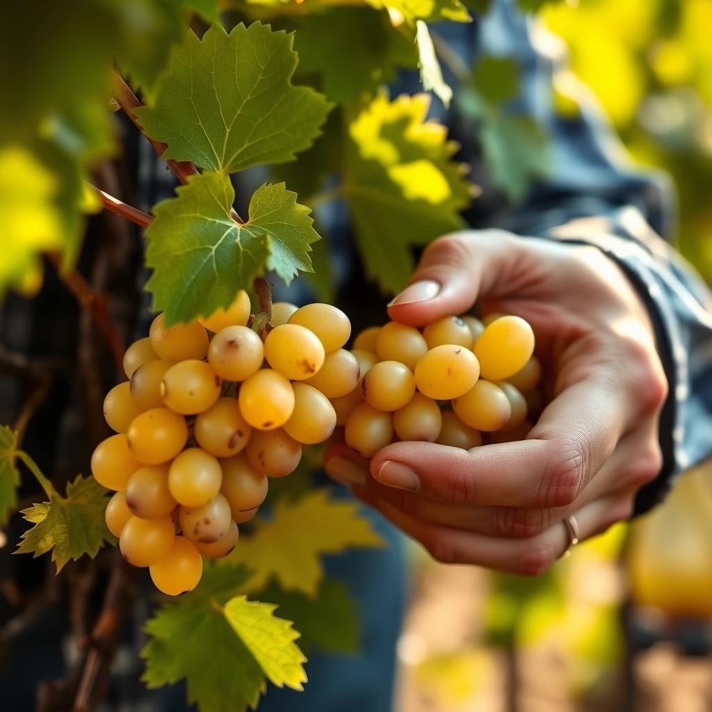 Winemaker inspecting Chardonnay grapes in a Jackson Family Wines vineyard.