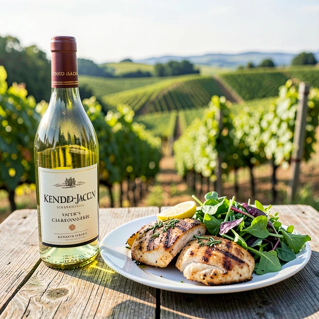 Bottle of Kendall-Jackson Chardonnay paired with grilled chicken and salad