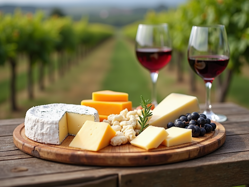 A rustic cheese board with assorted cheeses and wine glasses, set against a vineyard backdrop.