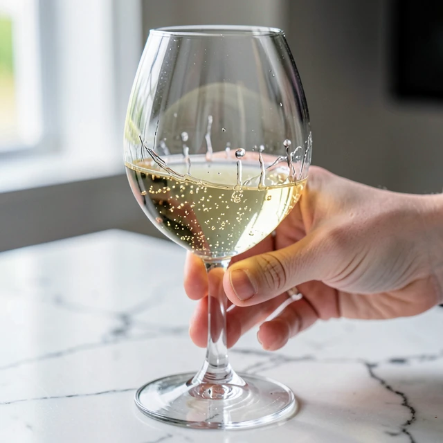 Hand swirling white wine in a glass showing legs on the sides
