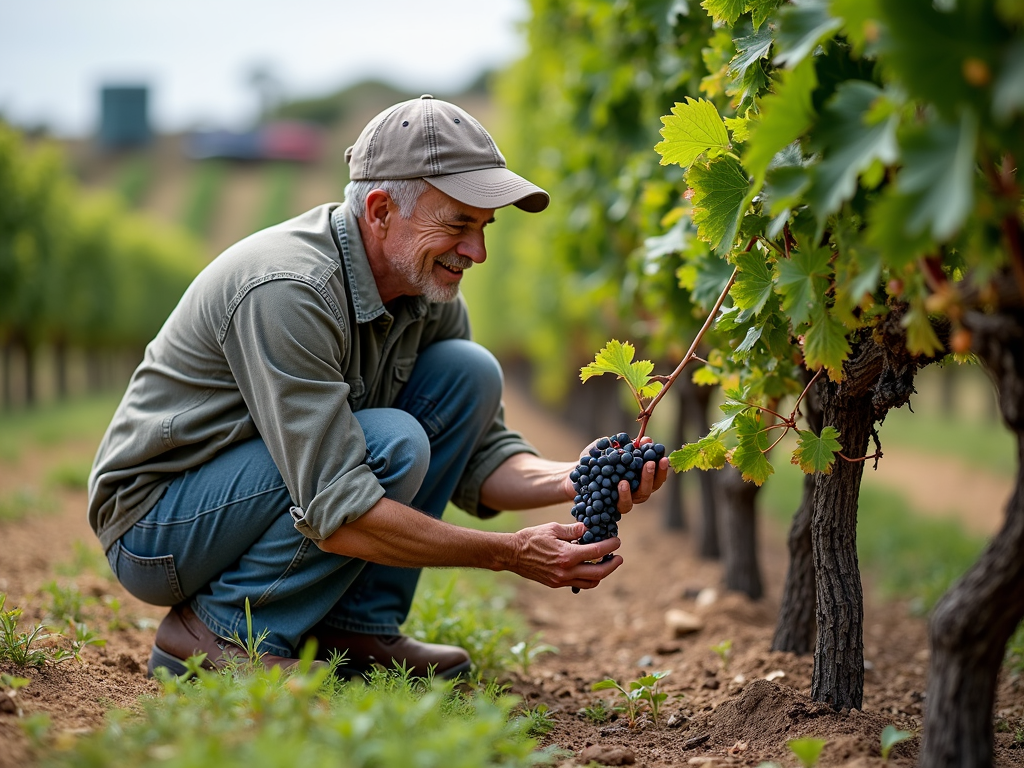 Winemaker examining grapes in a sustainable vineyard.