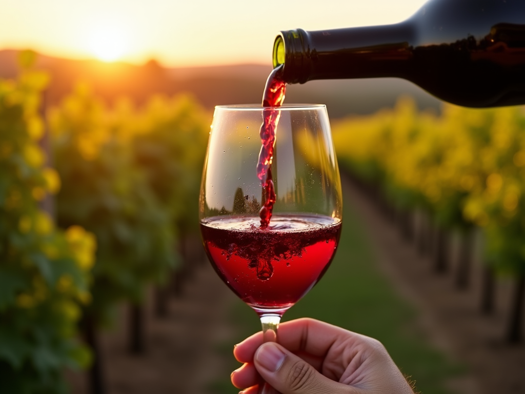 Red wine poured into a glass with a vineyard behind.