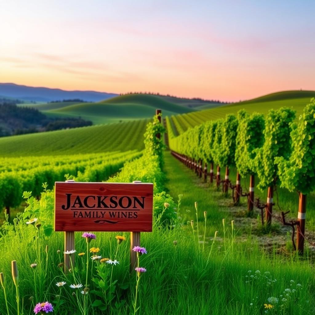 Sunrise over a Jackson Family Wines vineyard in Sonoma County, with green vines and a wooden sign in the foreground.