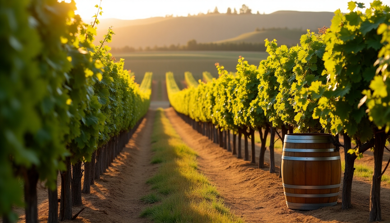 Vineyards during autumn harvest with wine barrels in the foreground.