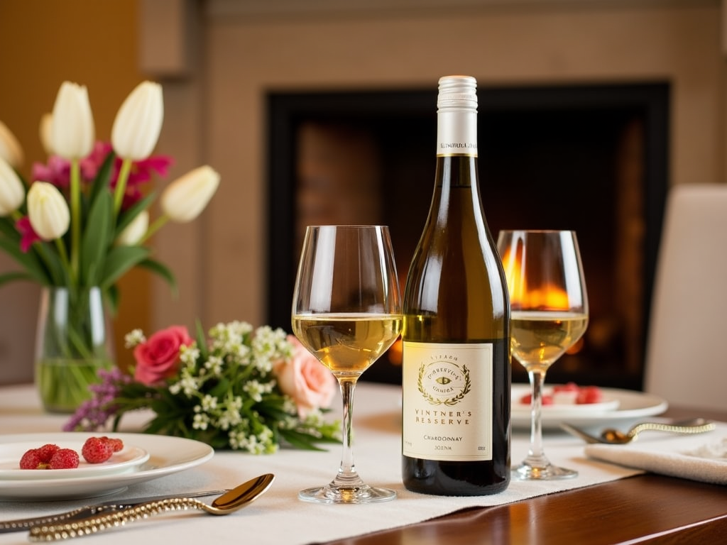 Dining table with Kendall-Jackson Chardonnay and cozy fireplace