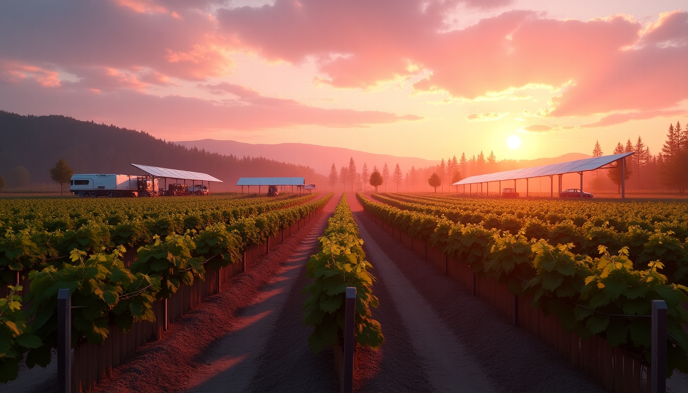 High-tech sustainable vineyard at sunrise