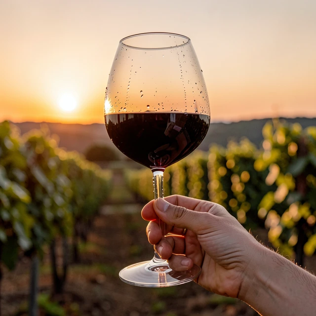 A hand swirling a glass of red wine in a vineyard at sunset