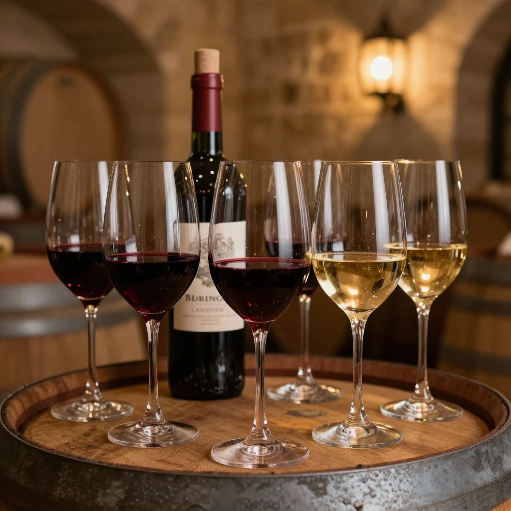 Beringer wine tasting with Cabernet Sauvignon and Chardonnay glasses in a cellar