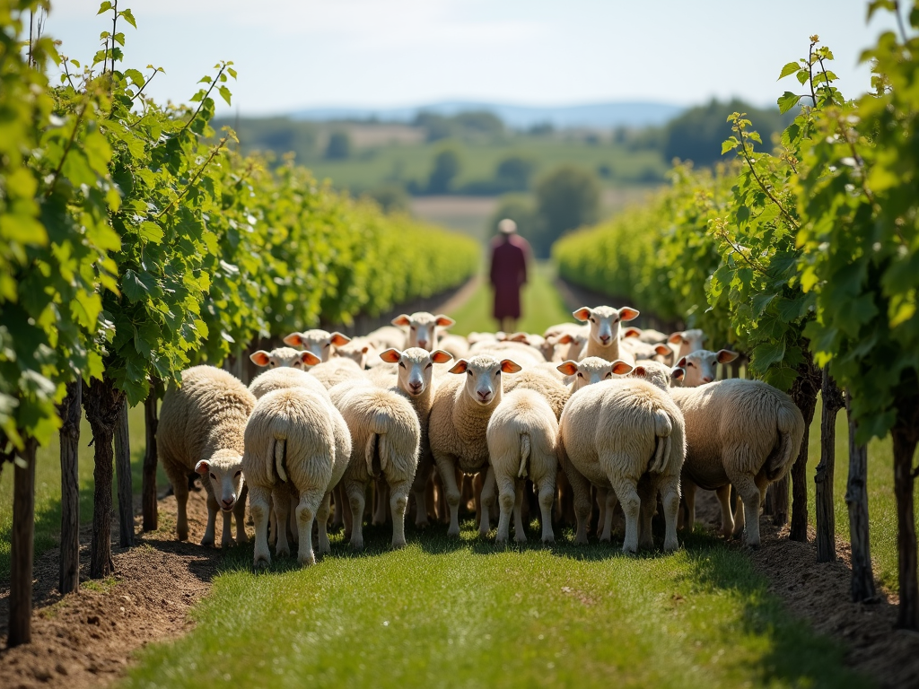 Sheep grazing in a sustainable vineyard