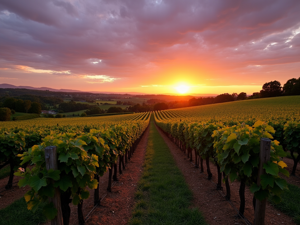 Vineyard at sunset with rows of vines under a colorful sky.