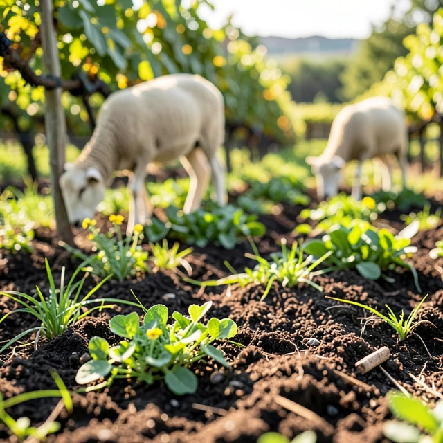 Close view of regenerative farming with cover crops and sheep in a sustainable vineyard