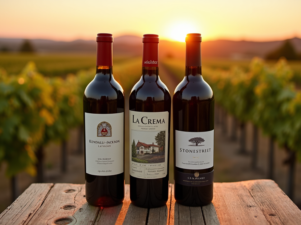 Bottles of Jackson Family Wines brands on a table with a vineyard sunset background.