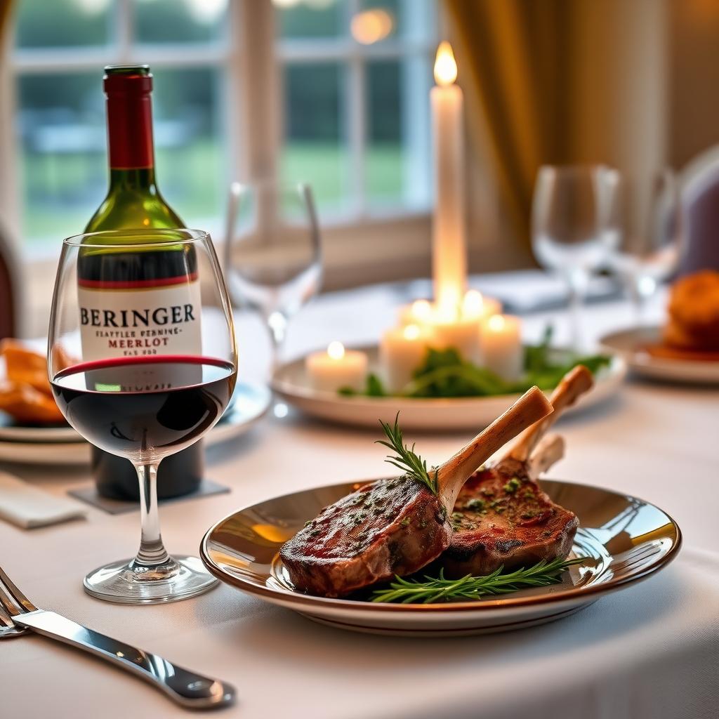 A glass of Beringer Merlot beside a plate of herb-crusted lamb chops on a white linen tablecloth with a candlelit centerpiece.