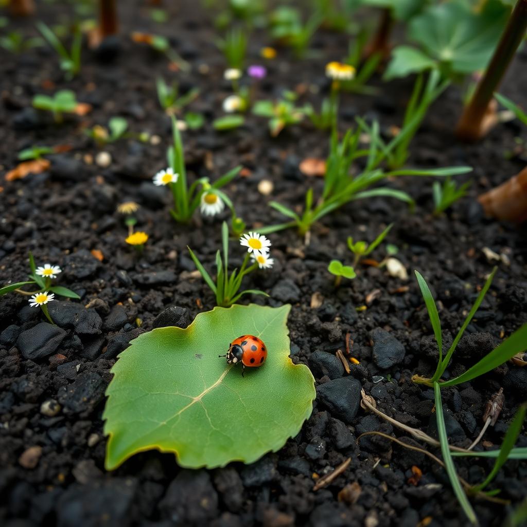 Close-up of organic vineyard soil with wildflowers and a ladybug on a grape leaf.