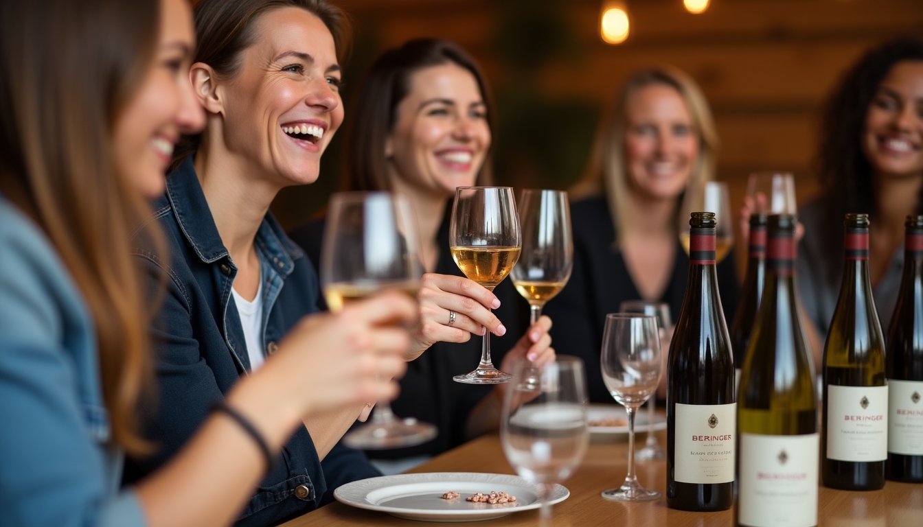 Friends enjoying a wine tasting with Beringer wines.