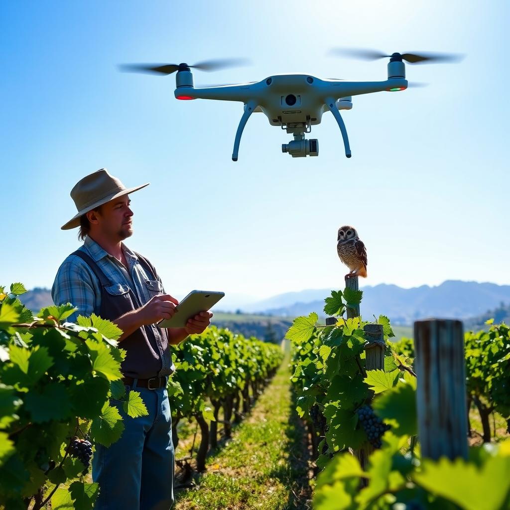 Vineyard worker using a drone with an owl in the background