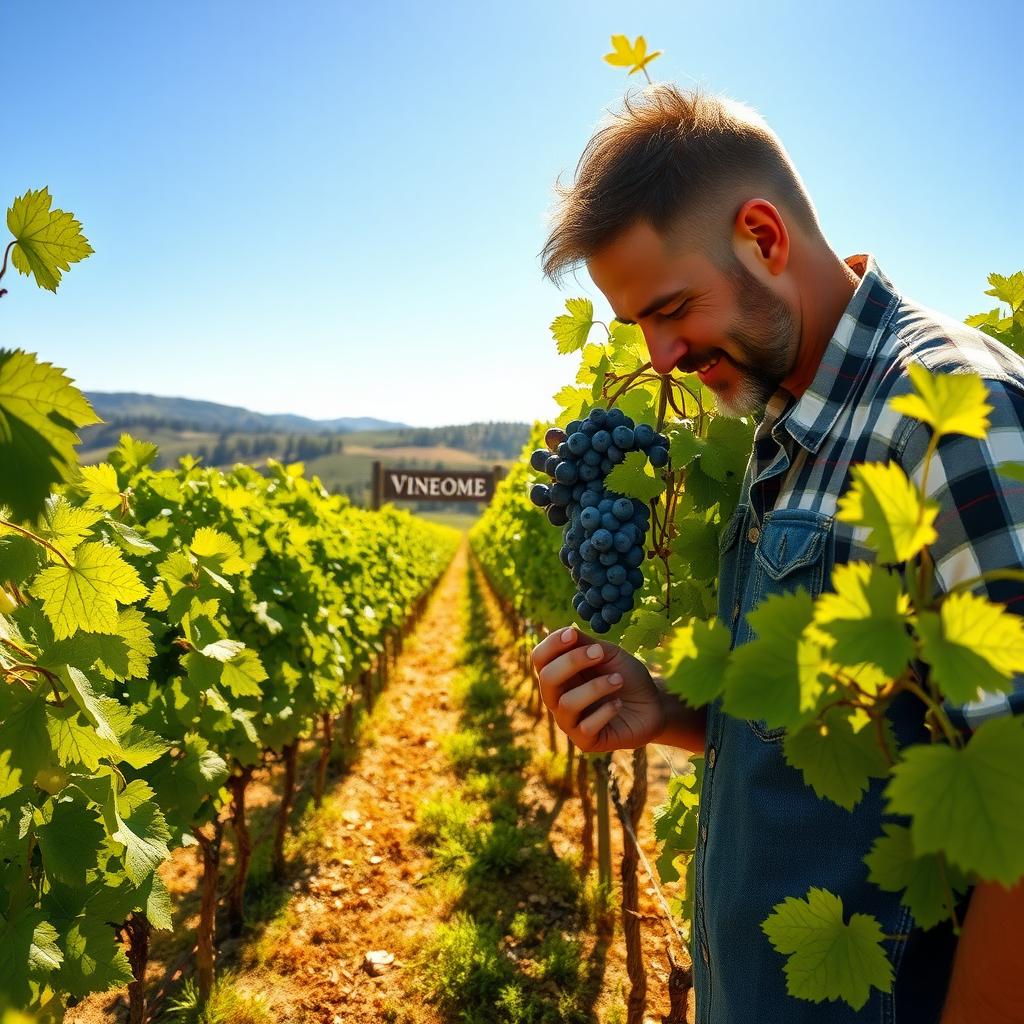 A winemaker in a Sonoma vineyard examines ripe grapes under golden sunlight.