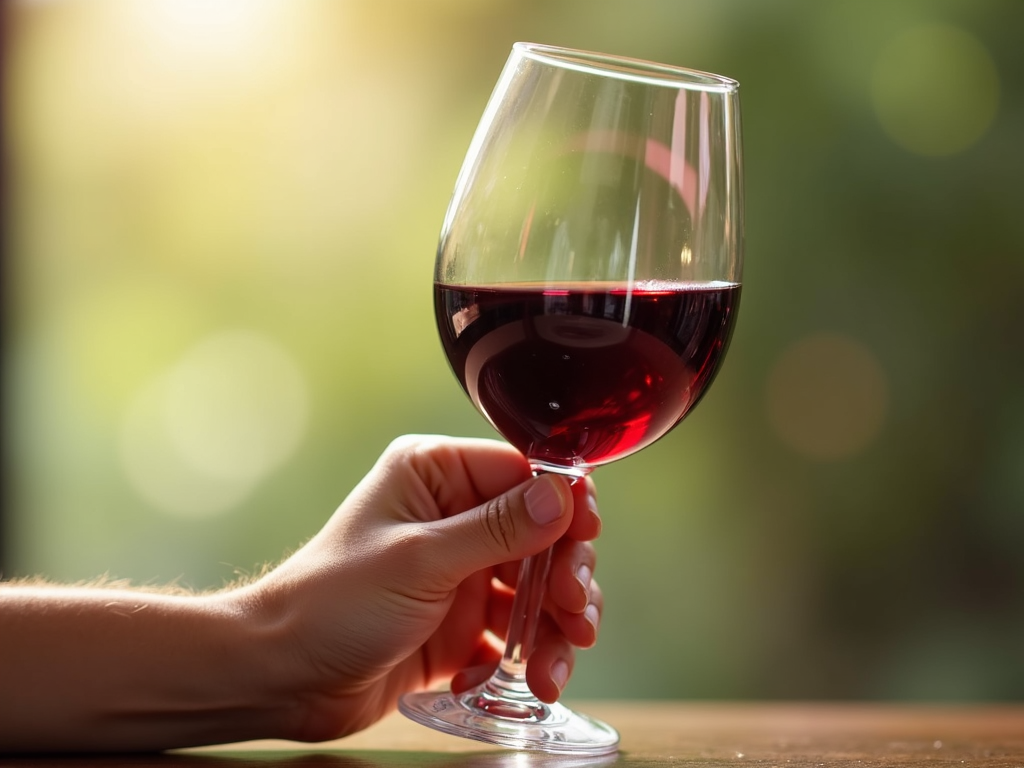 A hand holding a glass of red wine tilted to show its color in natural light.