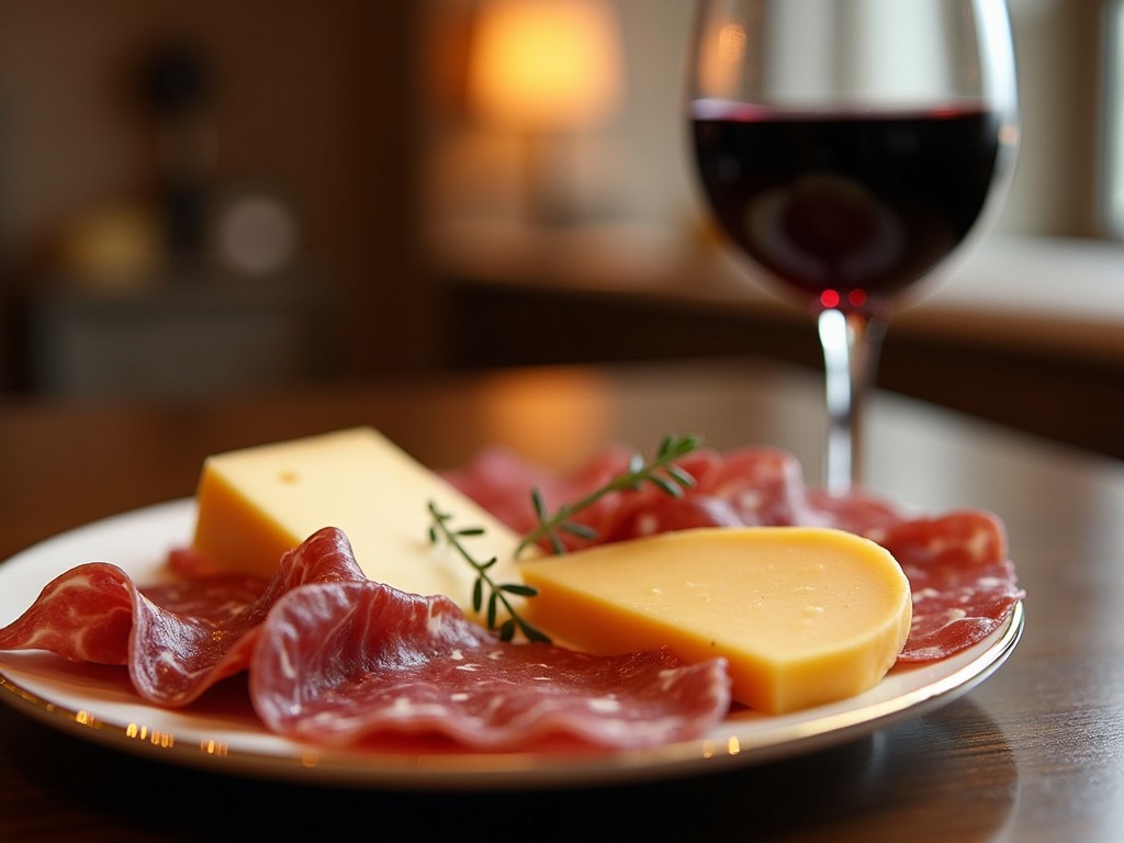 An assortment of foods paired with Beringer Merlot, featuring meats and cheeses.