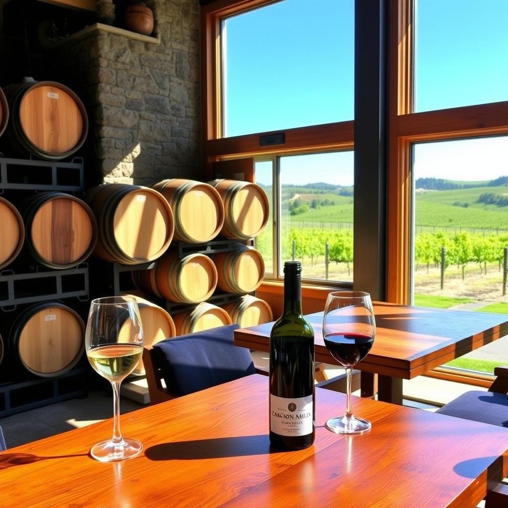 Cozy winery tasting room with oak barrels, wine glasses, and a vineyard view.