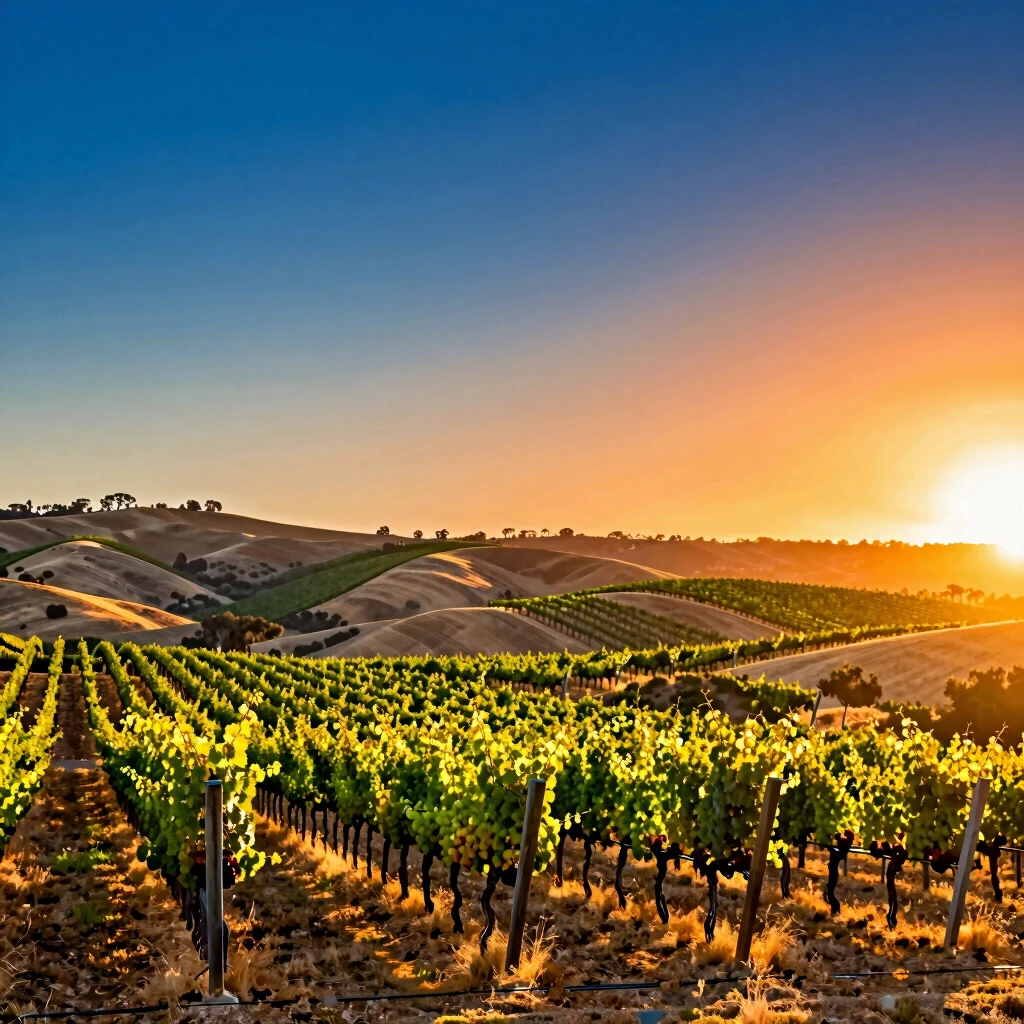 Sunset over a California vineyard with rolling hills and grape vines