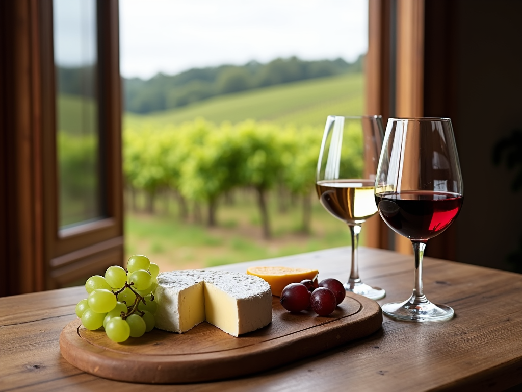 A cheese platter with red and white wine on a rustic table near a vineyard view.