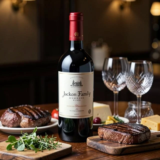 Special edition Jackson Family Wines red bottle paired with gourmet steak dinner