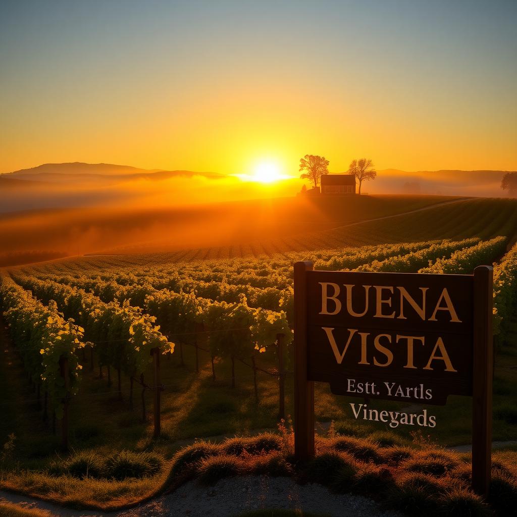 Sunrise over a historic Sonoma vineyard with rows of grapevines and a Buena Vista Vineyards sign.