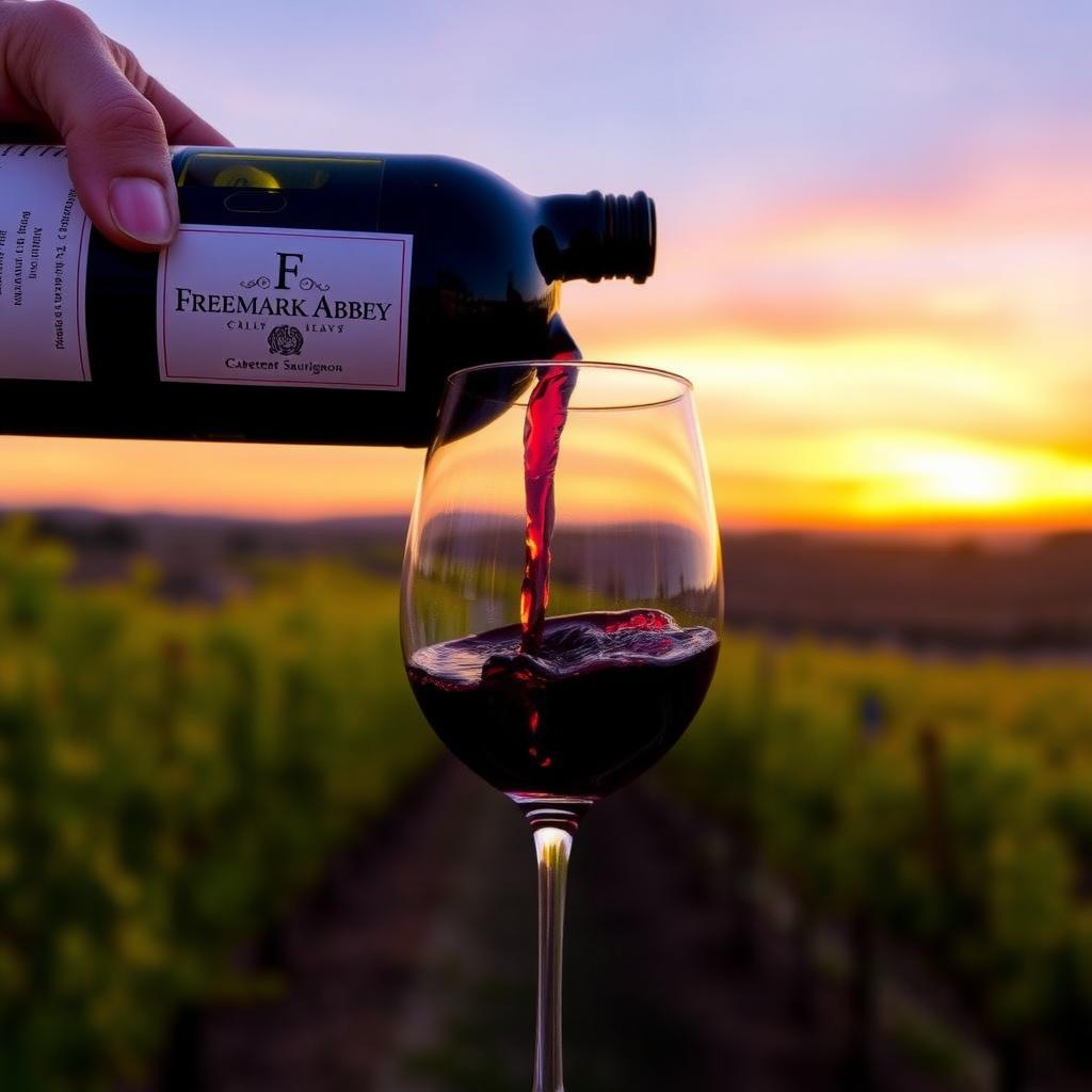 Hand pouring Freemark Abbey Cabernet Sauvignon into a glass with a vineyard sunset in the background.