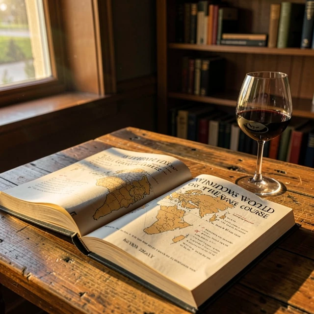 Open copy of Windows on the World Complete Wine Course book with a glass of red wine