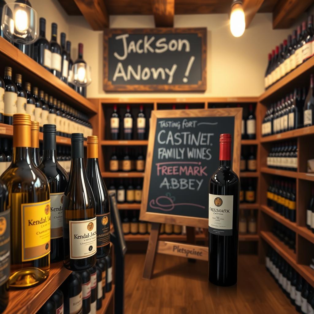 A cozy wine shop with shelves of Jackson Family Wines bottles and a chalkboard promoting a tasting event.