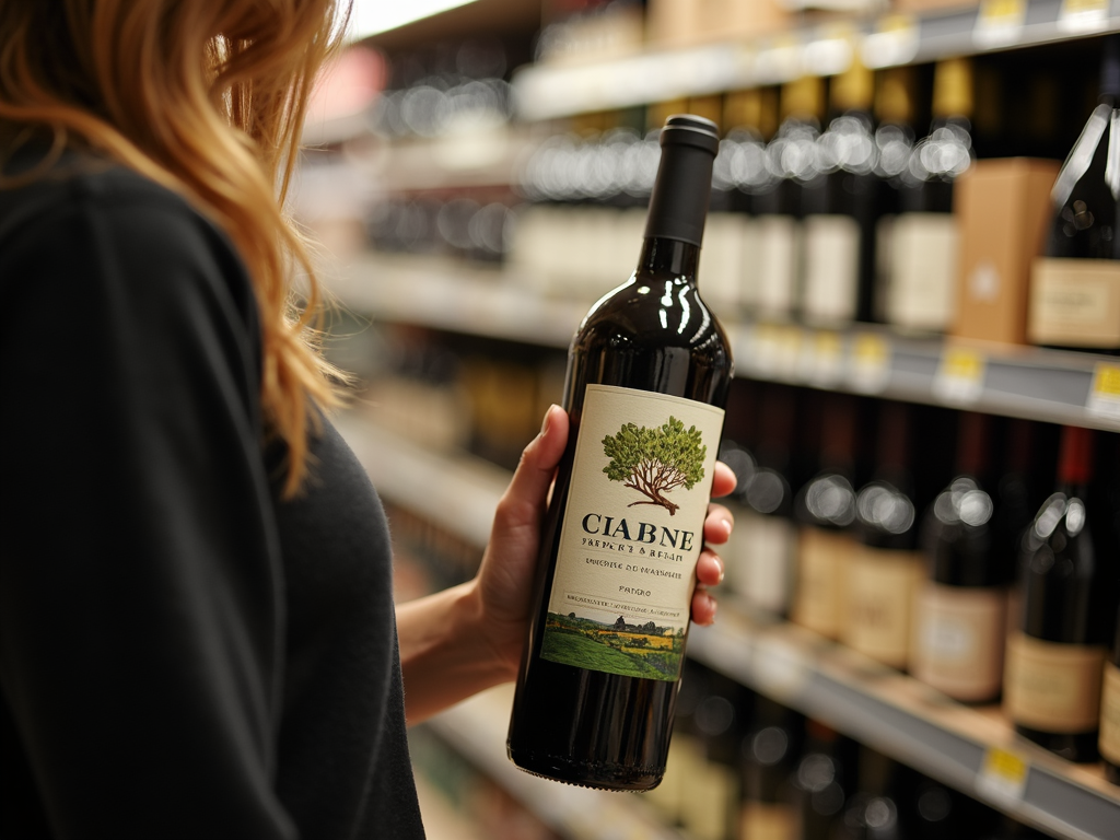 A shopper selecting an organic wine bottle, supporting sustainable winemaking with a purchase.