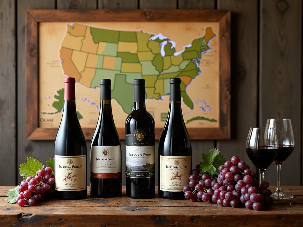 Display of Jackson Family Wines bottles with grapes and vineyard map