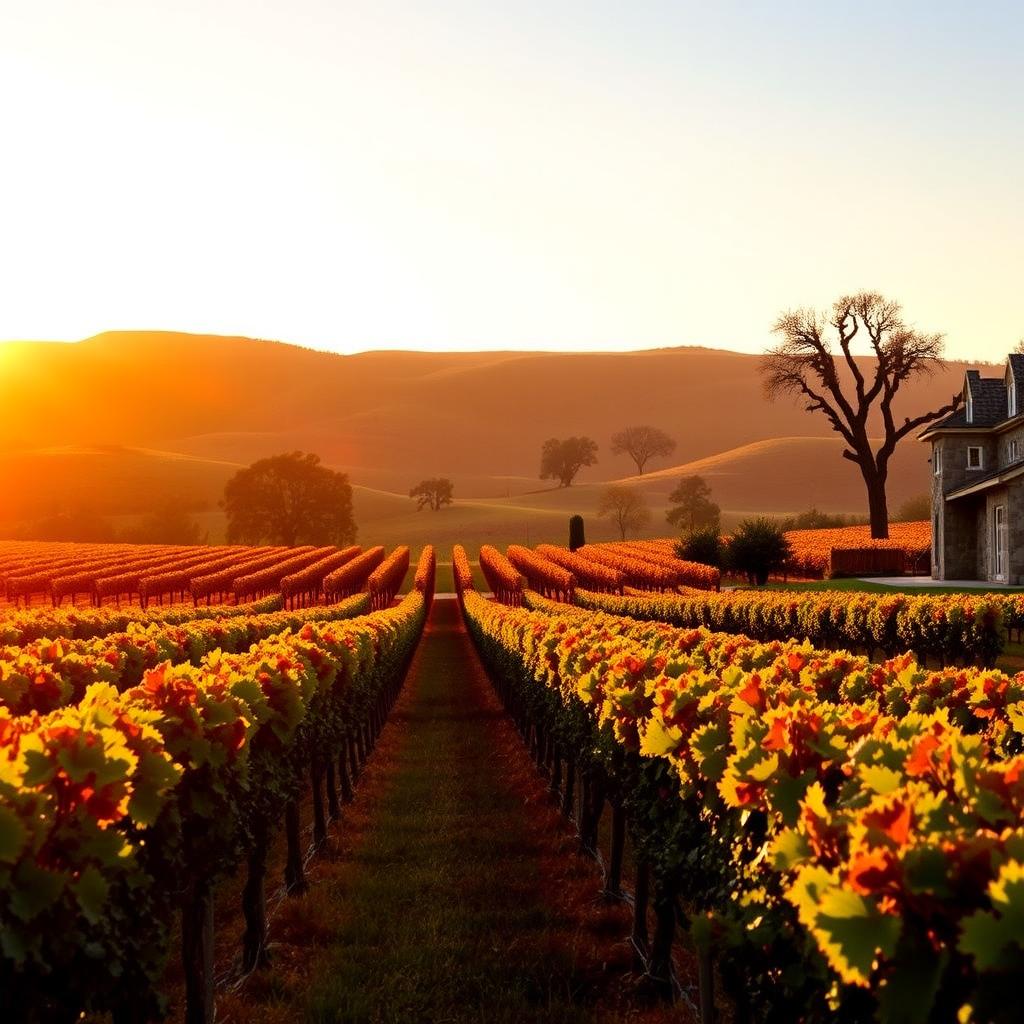 Napa Valley vineyard at golden hour with Cabernet Sauvignon vines and a rustic winery building