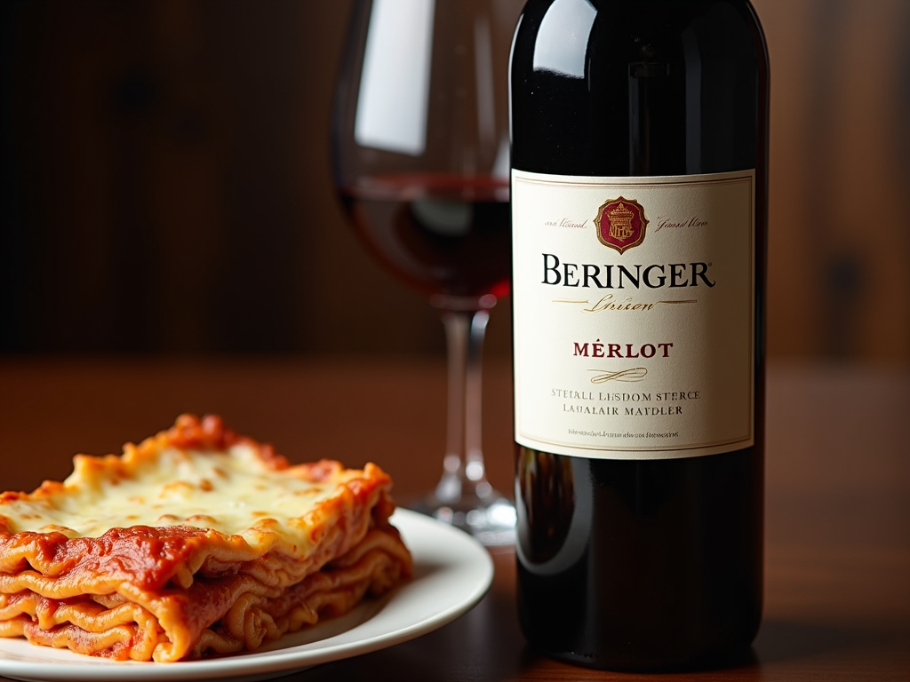 Beringer Merlot beside a plate of lasagna.