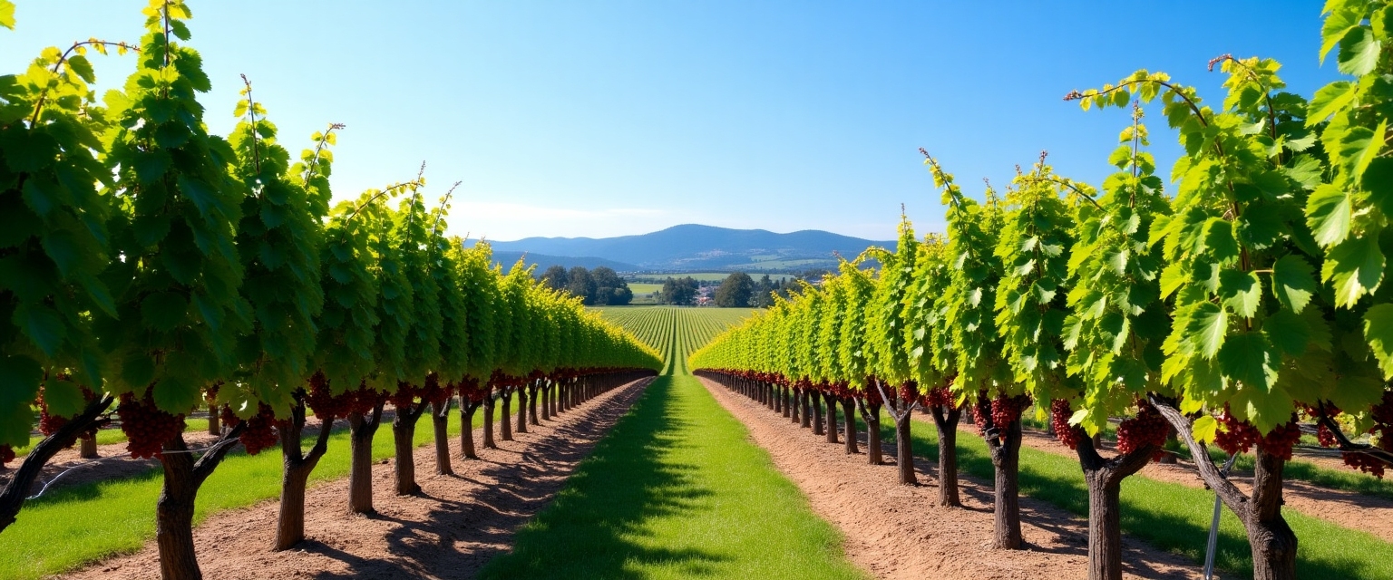 A vineyard landscape under a clear blue sky, highlighting the terroir that influences Jackson Family Wines.