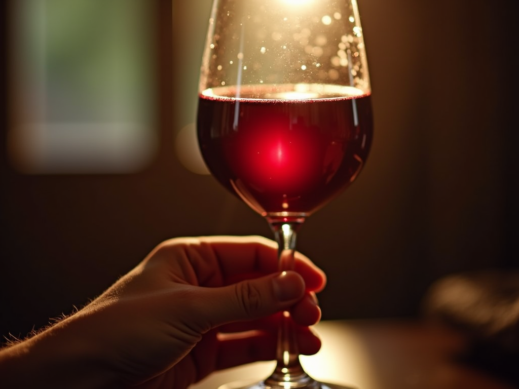 A close-up of red wine glowing in a glass.