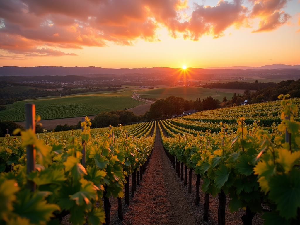 Sunset over a Sonoma County vineyard