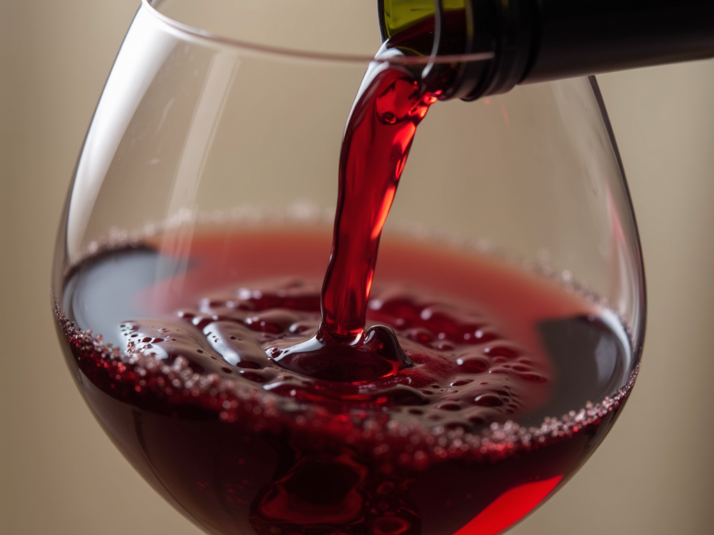 A glass of red wine being poured, showcasing its rich color and texture.