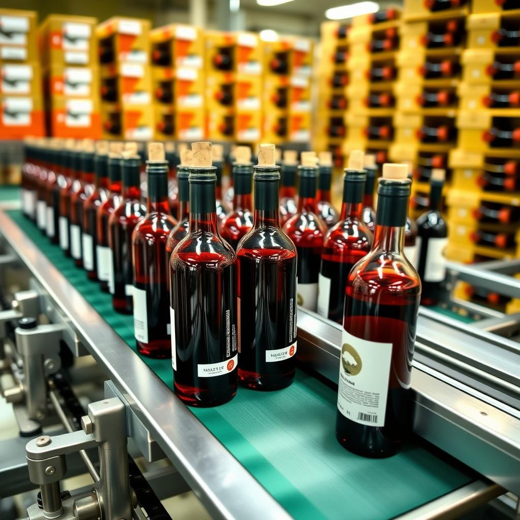 Bottling line filling and sealing wine bottles in a modern winery