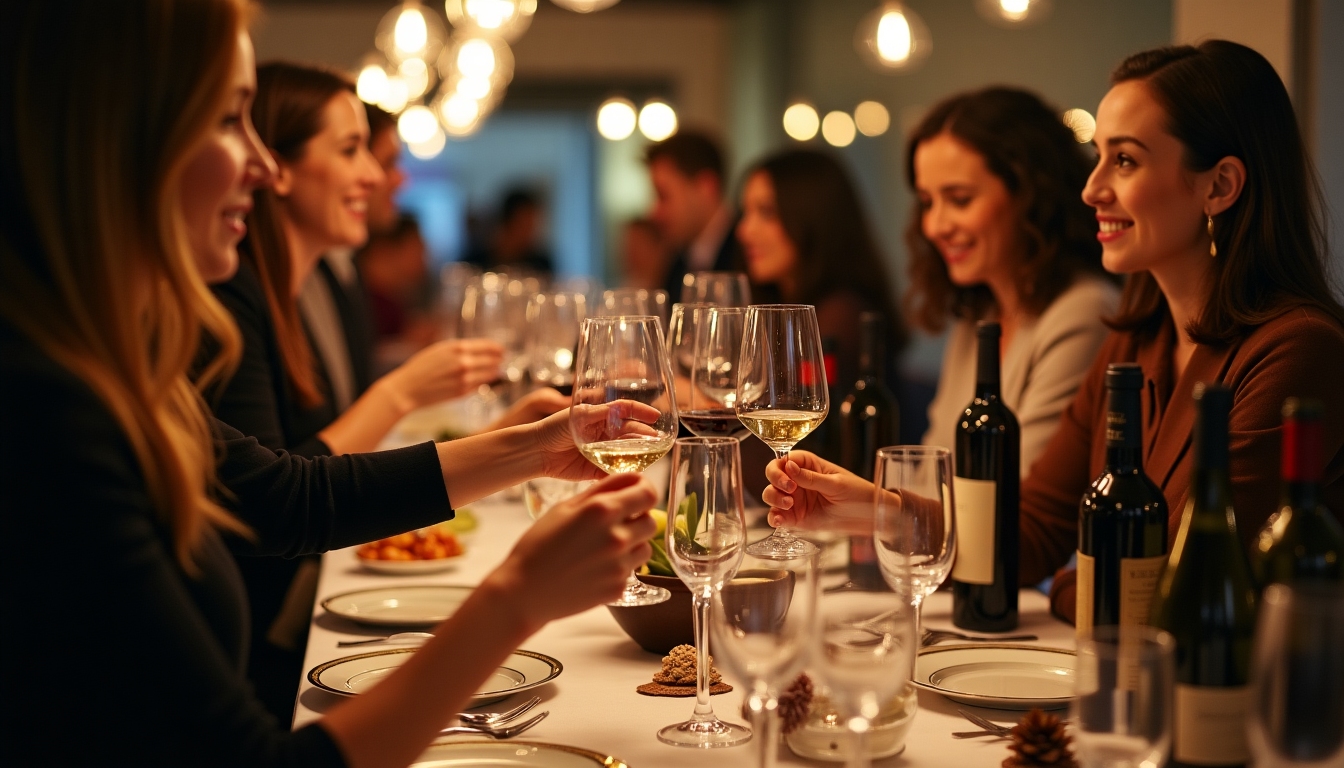 Wine enthusiasts at a tasting event with various wine brands