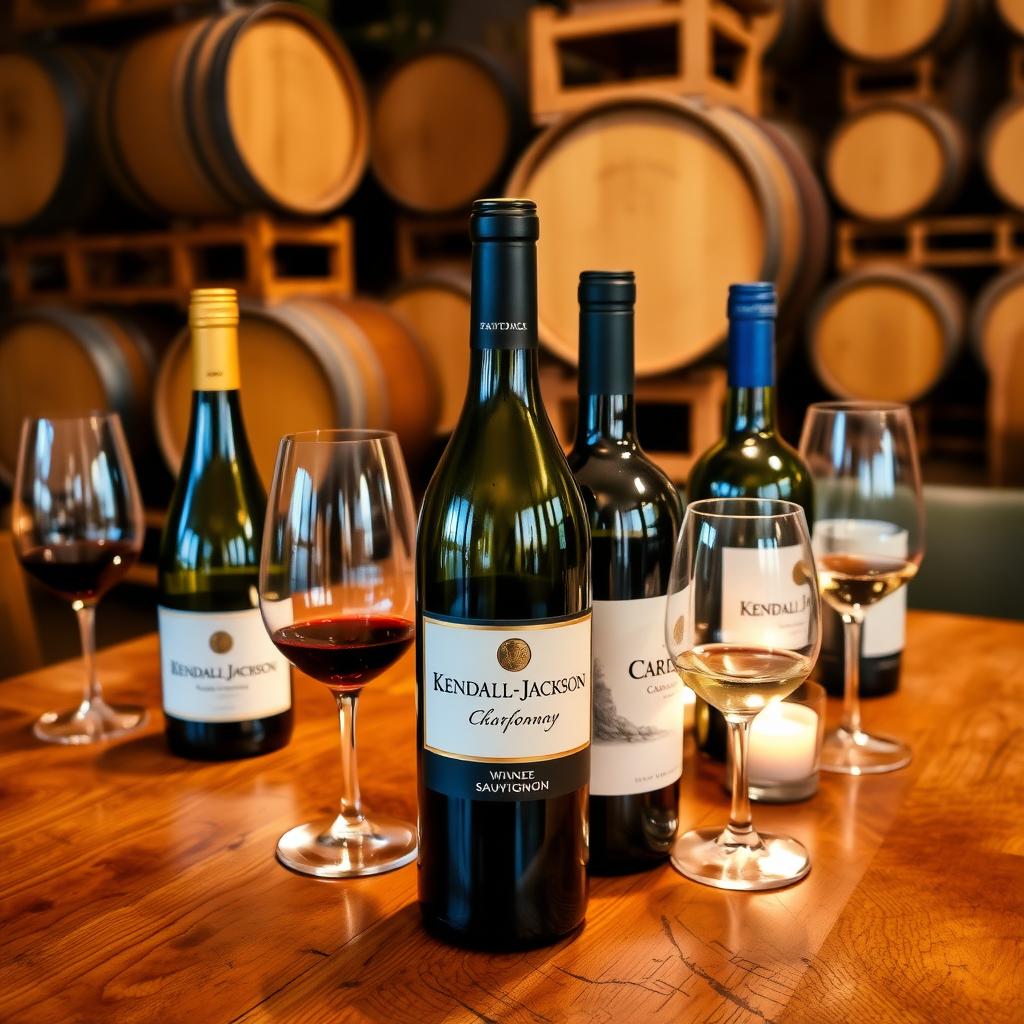 Tasting room with Jackson Family Wines bottles and wine glasses on a wooden table.