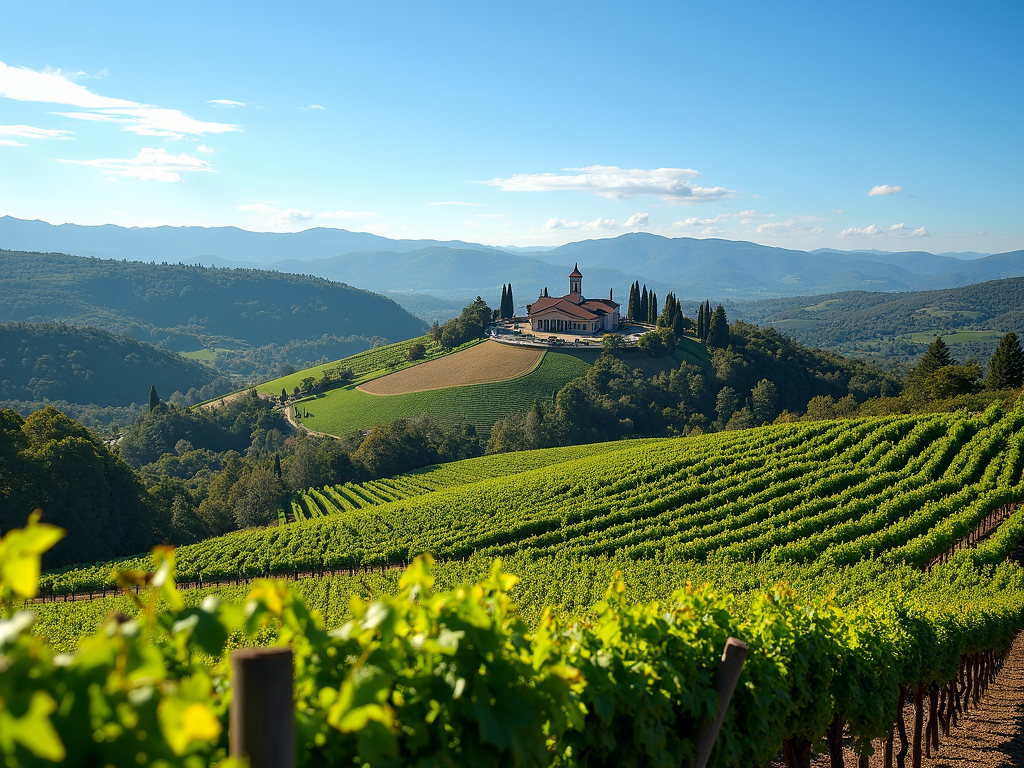 Panoramic view of Napa Valley vineyards with a winery in the distance.