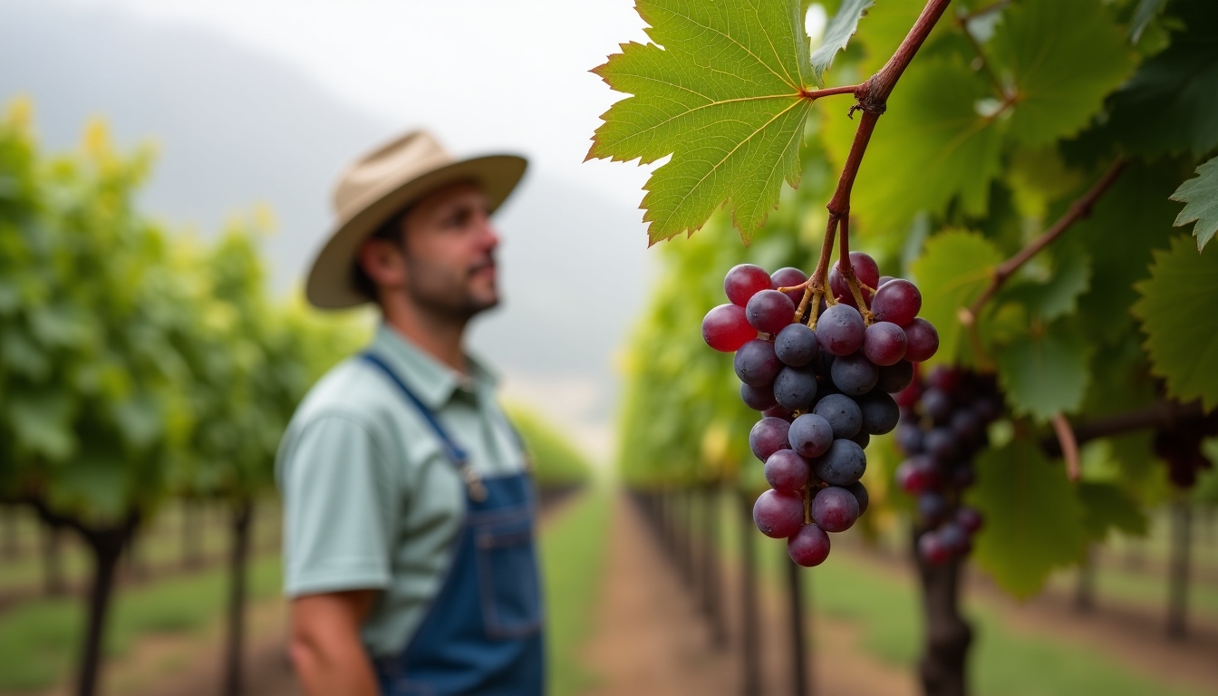 Winemaker examining grapes in Sonoma vineyard.