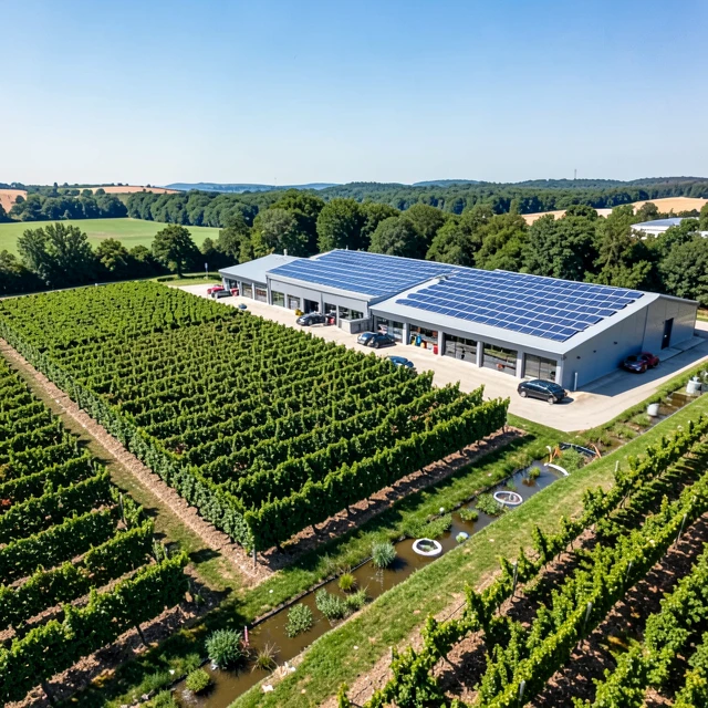 Aerial view of sustainable winery with solar panels and organic vineyards
